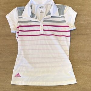 Adidas Kids Polo Shirt - White, Pink, and Gray Stripes